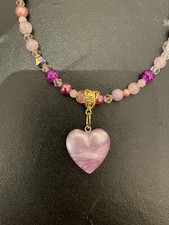 Pink Puffy Heart Pendant Stardust Agate Crystal Bead Necklace