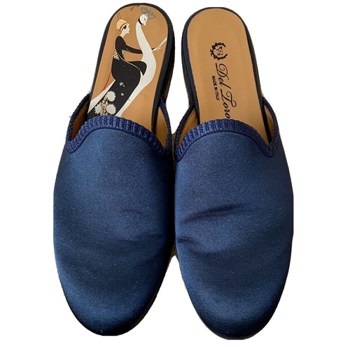 DEL TORO x Vogue 125 Navy Satin George Plank Round Toe Slipper Mules Size 8