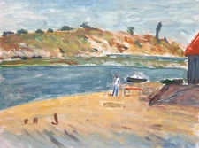 Vintage oil painting landscape river