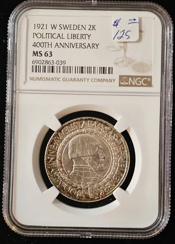 1921 W SWEDEN SILVER 2 KRONOR 2K POLITICAL LIBERTY 400TH ANNIVERSARY NGC MS 63