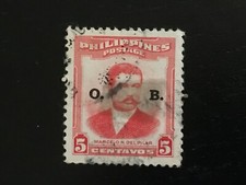 PHILIPPINES 1952 5 CENTAVOS RED MARCELO H DEL PILAR WITH OB OFFICIAL OVERPRINT