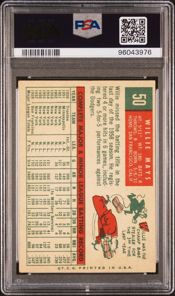 1959 TOPPS 50 WILLIE MAYS SAN FRANCISCO GIANTS BASEBALL CARD PSA 4 VG