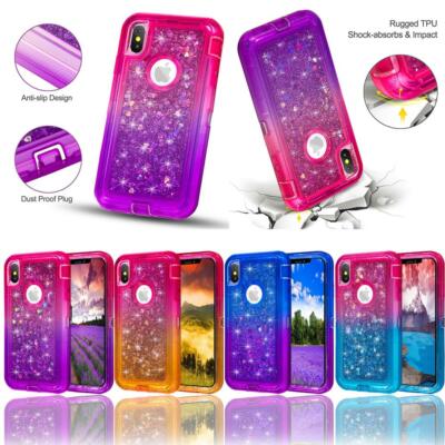 Gradient Quicksand Glitter Bling Floating Liquid Case For iPhone w/Glass Screen