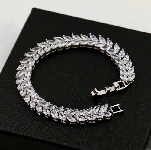 18K White Gold Plated Tennis Bracelet made w Swarovski Crystal Marquise Stone 7” - Picture 5 of 11
