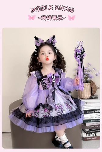 Kuromi Lolita Princess Dress Purple Lace Skirt Children Girls Headband Clothes - Picture 12 of 26