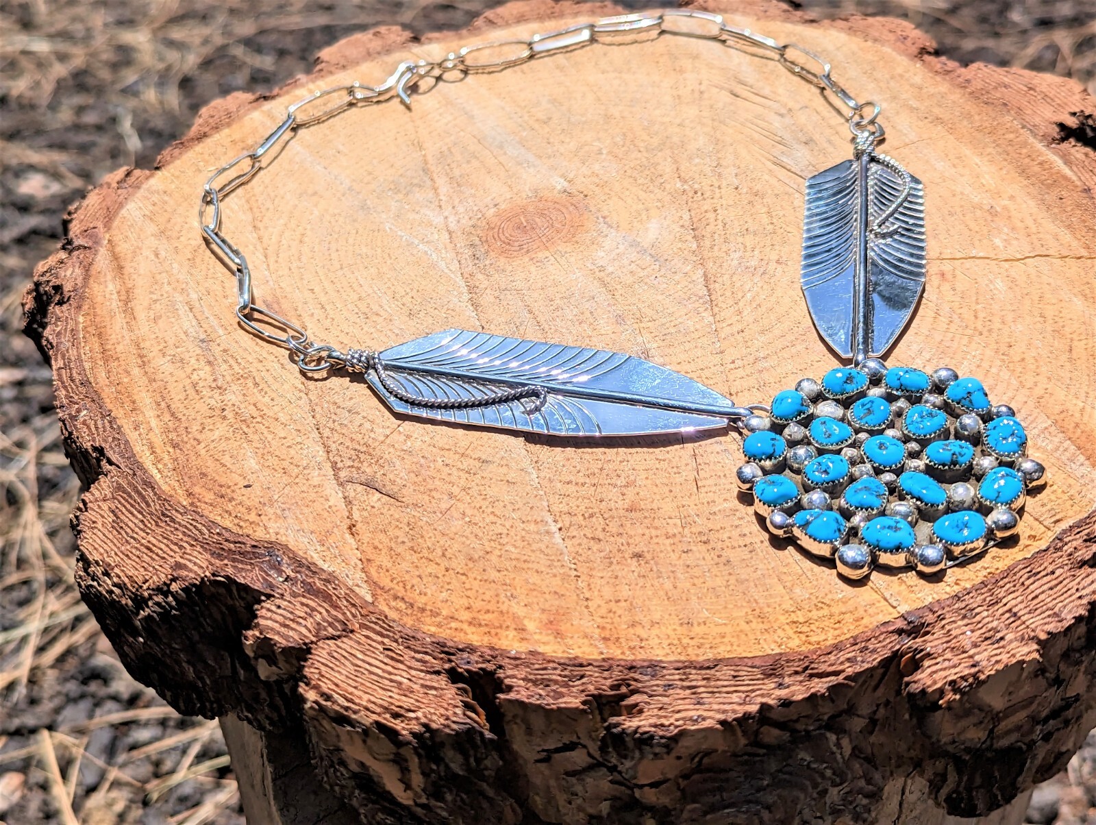 Native American Chain Necklace Handmade Cluster Turquoise Twin large