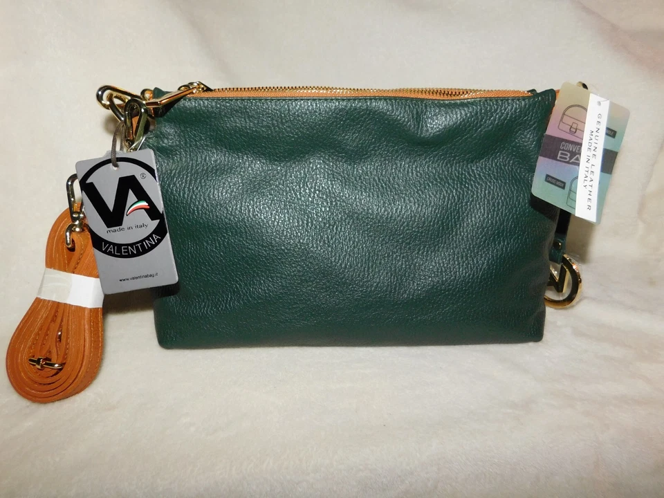 Valentina Italian Triple Entry Crossbody Forest Green & Tan Leather NWT