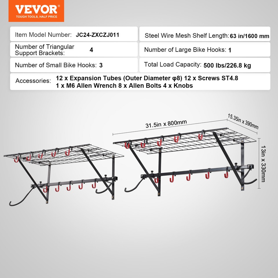 VEVOR Bike Storage Rack Wall Mount Garage Bike Holder & 2 Shelves for 4