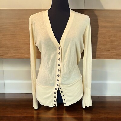 COLOR STORY V Neck Cardigan Sweat Yellow Snap Front Long Sleeve TOP Women’s  L