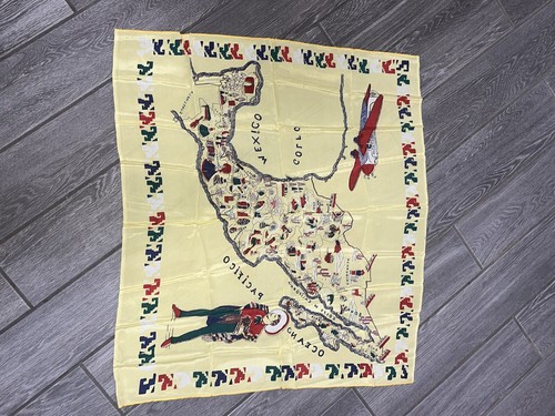 Vtg 50s Mexico Souvenir Map Scarf Golf Or Mexico Mid Century Yellow Hanker chief - Picture 5 of 5