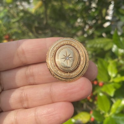 Broche Médaille Victorienne Ancienne En Or 18k - Motif étoile Gravé, Paste Circulaire, France