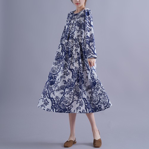 Mujer Cuello Redondo Suelto Informal Vestido Mangas Largas Estilo Étnico Floral Maxi Vestido - Imagen 1 de 10