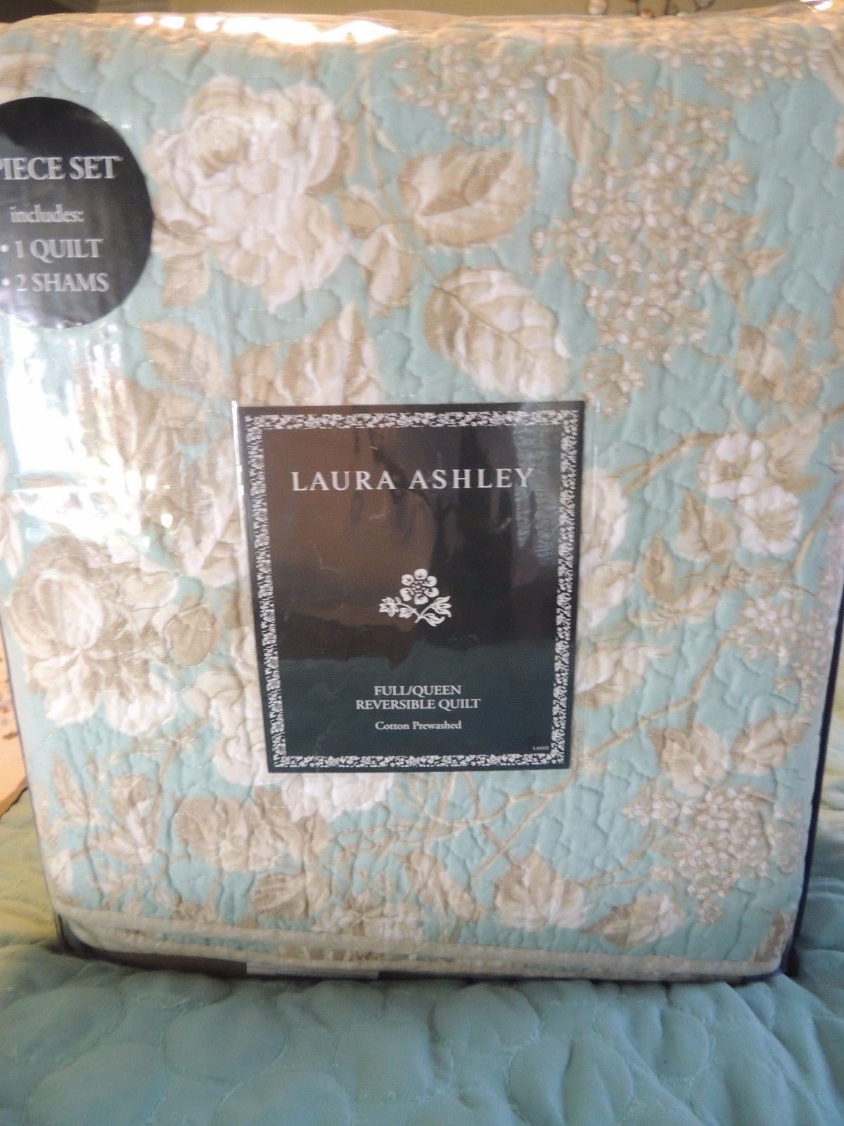  New Laura Ashley Blue Floral Cotton Bedspread,Quilt,Sham Bedding Set/Full/Queen