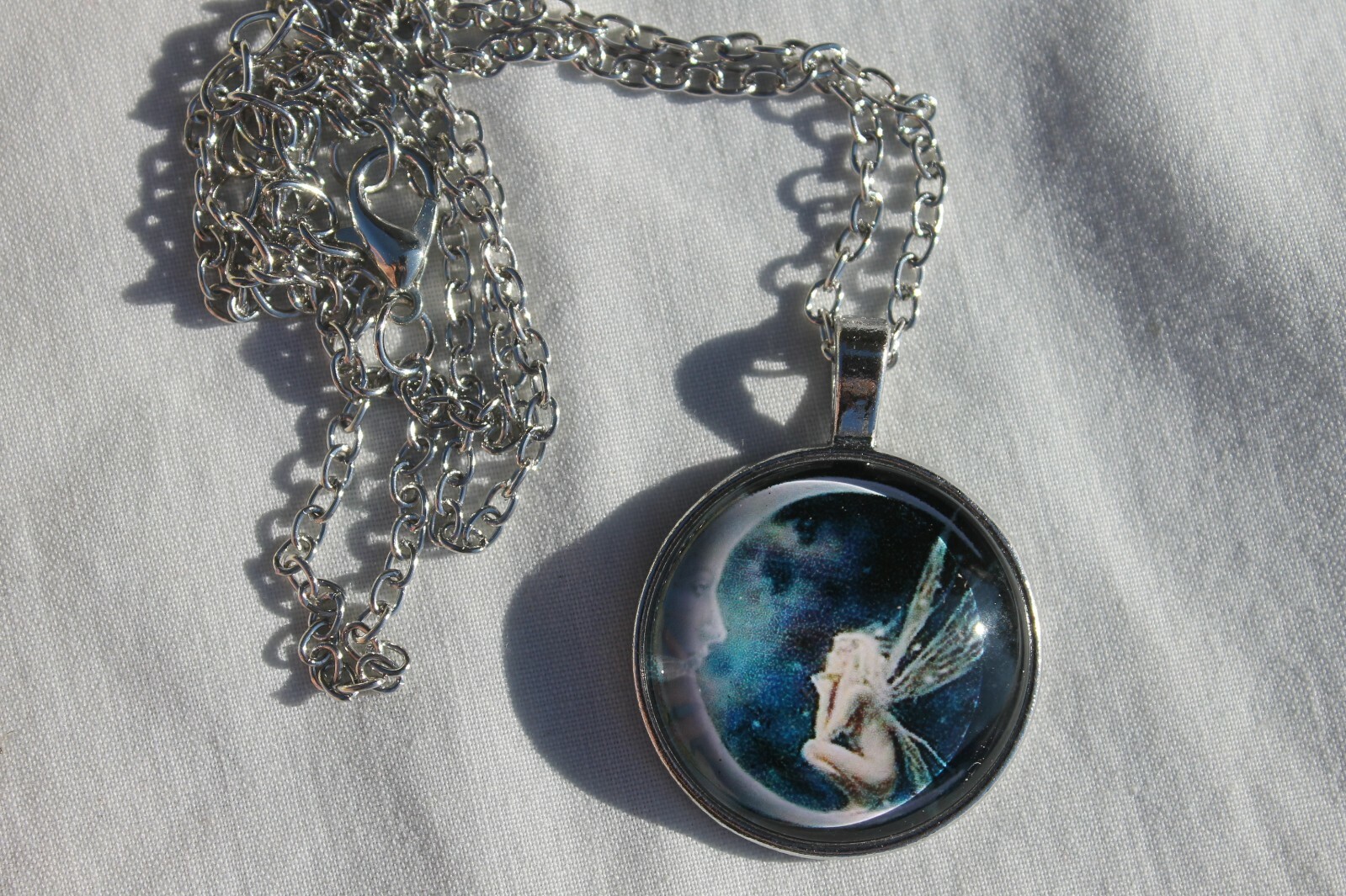 Fairy On A Crescent Moon 25mm Glass Cabochon Pendant Necklace Silver Plated 