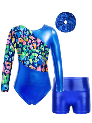 Kids Girls Suit Dancing Outfits 3Pcs Set Metallic High Waist Short Dancewear