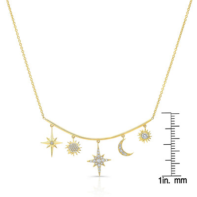 Diamant Sonne Mond Stern baumelnd Charm Halskette 14K Gelbgold 0,38 ct Rundschliff