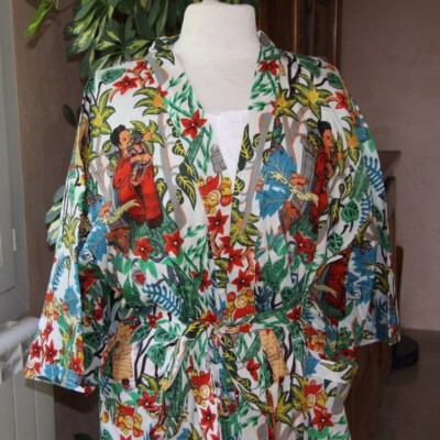 Indian Cotton Robe Long Kimono Sleepwear White Frida Kahlo Night Suit Kimonos US