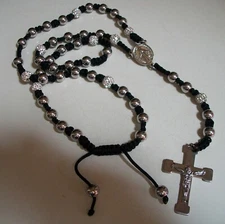 Men Black & Silver Finish Stainless Steel Cross, Jesus, Virgin Mary Rosary