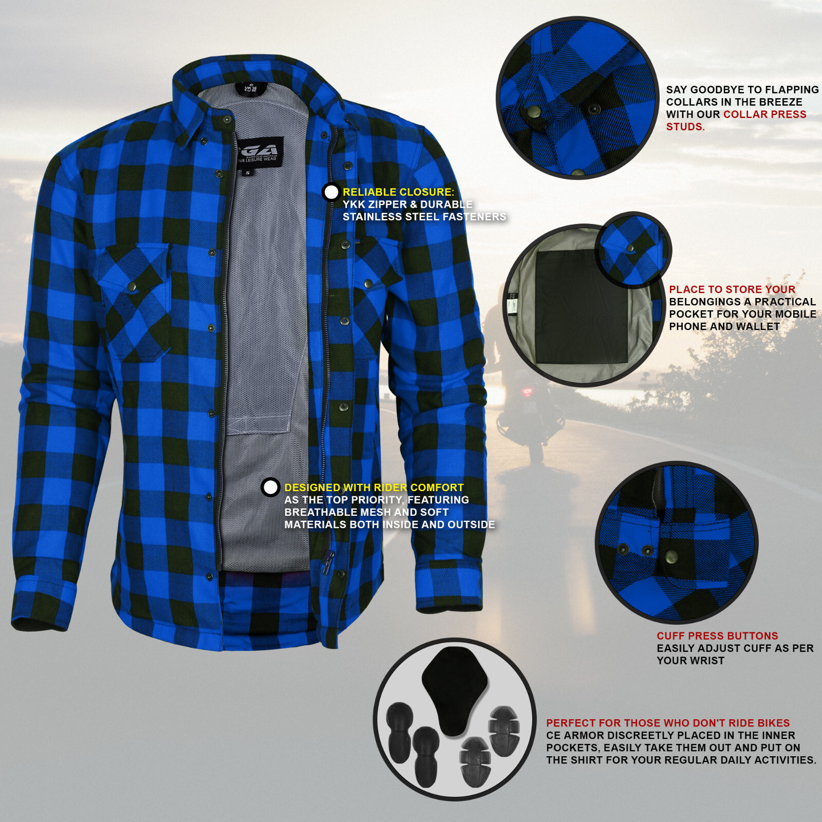 Mens CE armour Motorcycle Motorbike Flannel Shirt Lined with DuPont