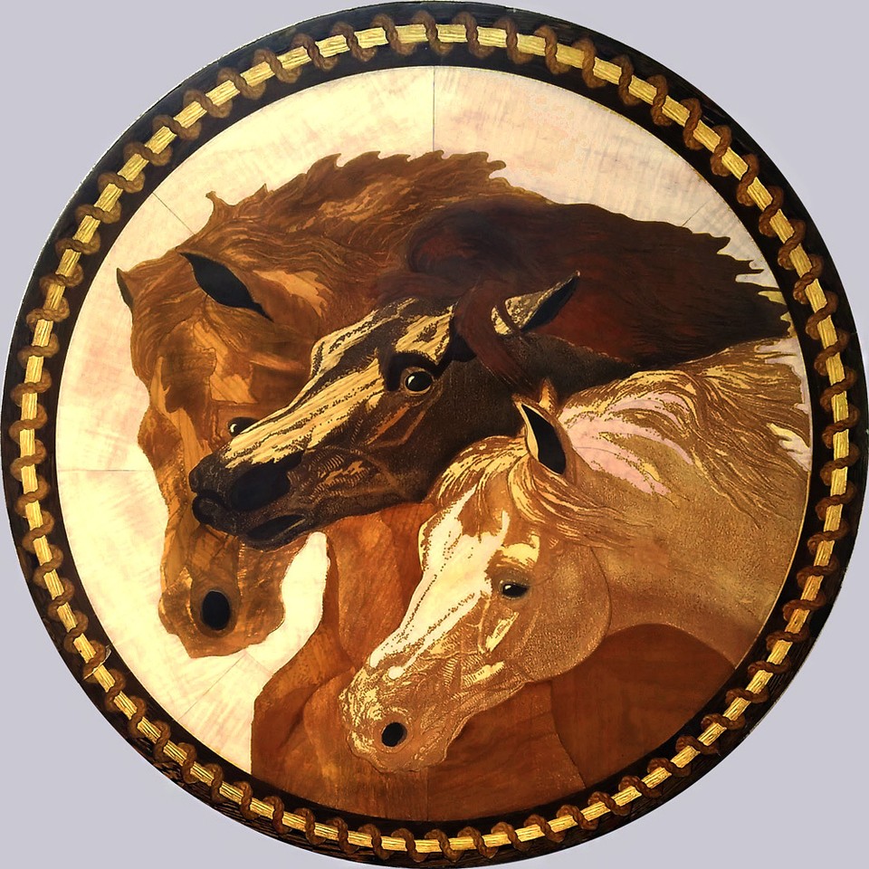 WOOD INLAY Wall Art/Hardwood Floor Medallion32" 3 Horses Inlaid