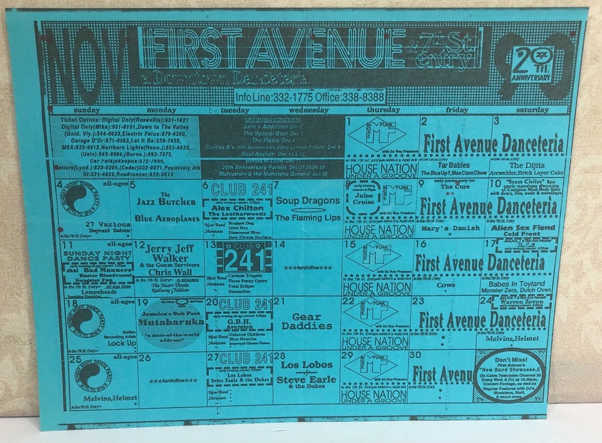 First Avenue Minneapolis Nightclub Alex Chilton Monthly Calendar November  1990 | eBay