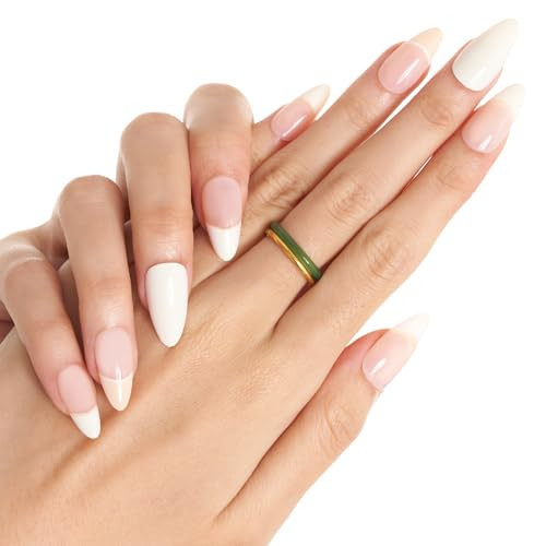 Creamy White French Tip Press on Nails Short Almond, Nude Beige Fake Nail - Picture 5 of 7