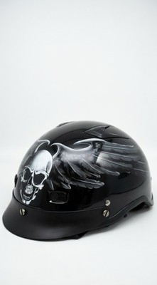 Outlaw H110 Size L DOT FMVSS 218 Black Gloss Half Helmet Skull Wings Airbrushed