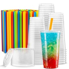 40 Sets - 32 Oz Crystal Clear PET Plastic Cups Flat Lids Straws Cold Drinks
