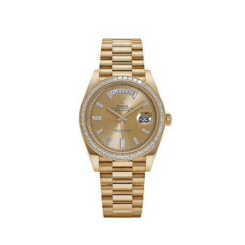 Rolex Day-Date 40 228398TBR Yellow Gold Champagne Diamond Baguette Dial and