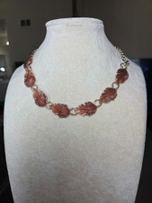 Vintage Rust Brown Molded Leaf Statement Necklace Gold Tone Midcentury