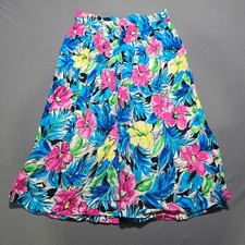 Vintage Tropical Floral Midi Skirt Bright Pink Blue Hawaiian Resort Wear 14