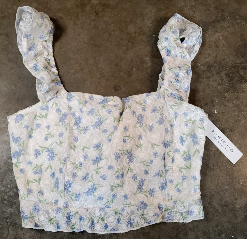Kirious Los Angeles Blue Floral Lace Tie Back Corset Top Womens Size XLarge New!