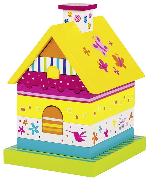 Jeu de construction en bois pour s'amuser au salon en famille avec la maison à empiler pastel