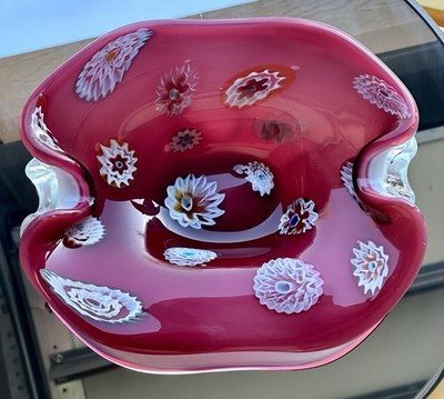 Murano MCM Ermanno Toso for Fratellie Toso Red Millefiori Blown Glass Ashtray