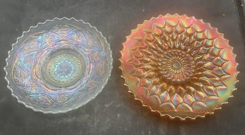 PAIR OF DUGAN VINTAGE CARNIVAL A MARIGOLD SCALES PLATE WHITE PERSIAN GARDEN IC