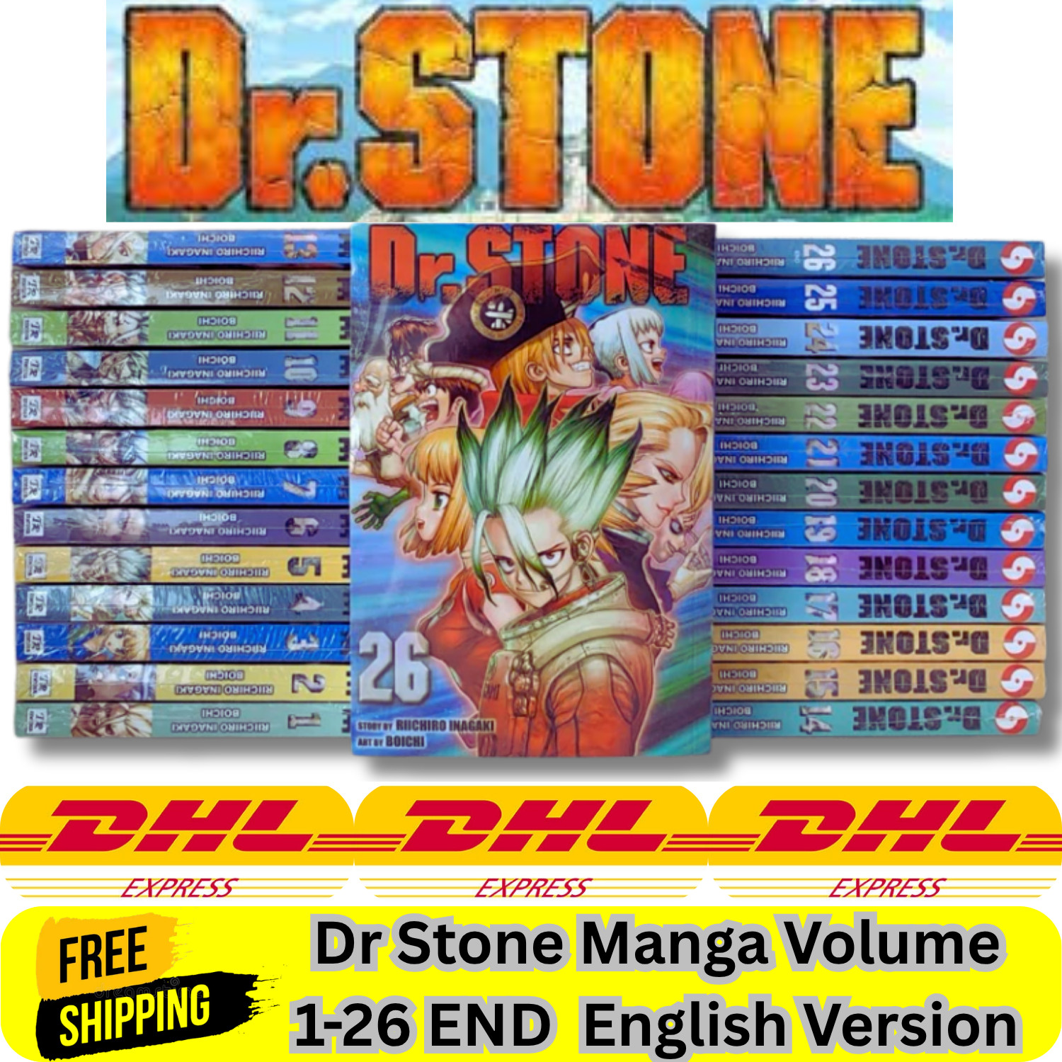 Cómics manga Dr Stone nuevo inglés volumen 1-26 conjunto completo de Riichiro Inagaki