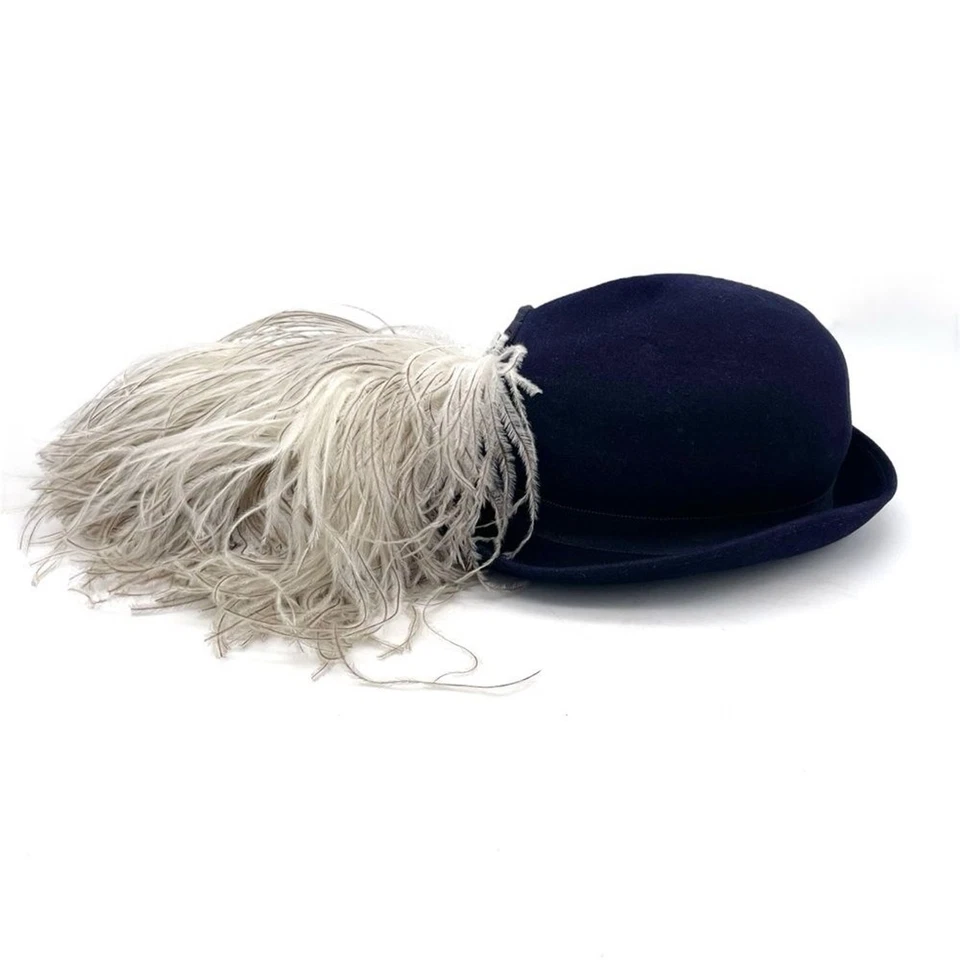 Vintage Gage Brothers Navy Wool Hat Ostrich Feather Trim 1940s 1950s Chicago NY - Image 2 of 4