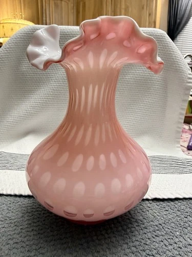 Fenton Pink Peach Coral Overlay Bubble Optic Ruffled Cased Glass Vase