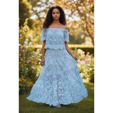 Boston Proper Women's Blue Lace Off-Shoulder Hi-Low Maxi Dress S bling neckline