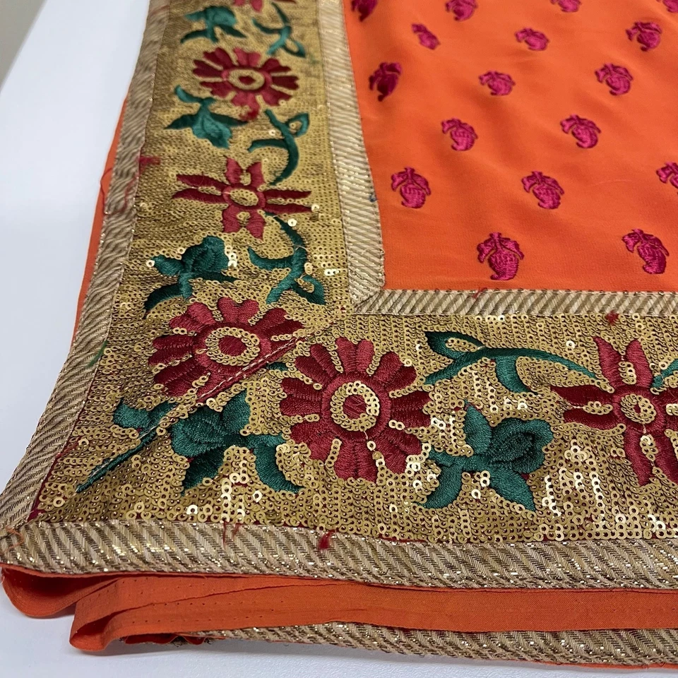 Sagar Exclusive Indian Saree Orange Red Green and Gold Embroidered Varsha Patel - Image 3 of 4