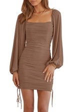 Imysty Womens Mesh Long Sleeve Square Neck Bodycon Ruched Party Medium, Brown