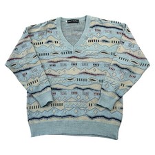 Vintage Crazy Abstract Knit Jumper Patterned Cosby Blue Sweater Mens Large
