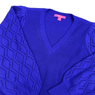 Lilly Pulitzer XL Purple Pullover V Neck Knit Sweater Balloon Sleeve Diamond
