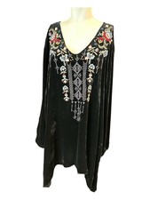 Johnny Was Elise Black Velvet XXL Tunic Top Floral Embroidered Boho V Neck