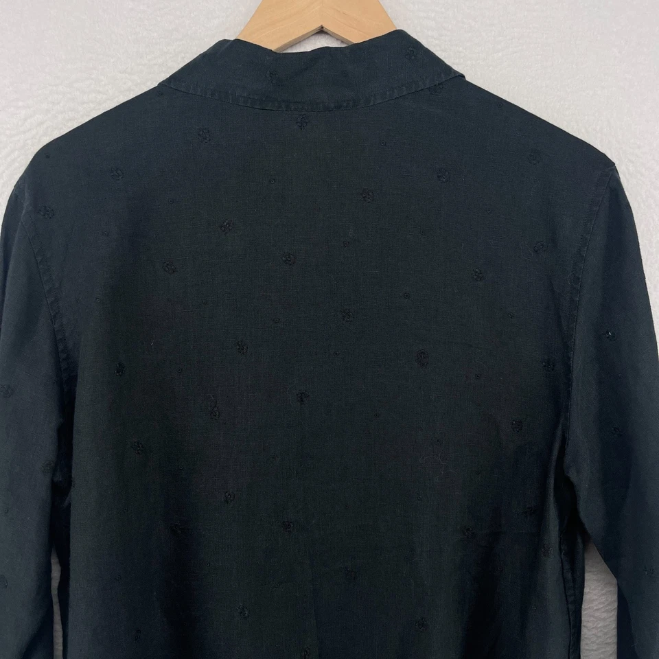 TALBOTS Top S Irish Linen Floral Eyelet Shirt Button Up 3/4 Sleeve Woven Black - Image 4 of 4