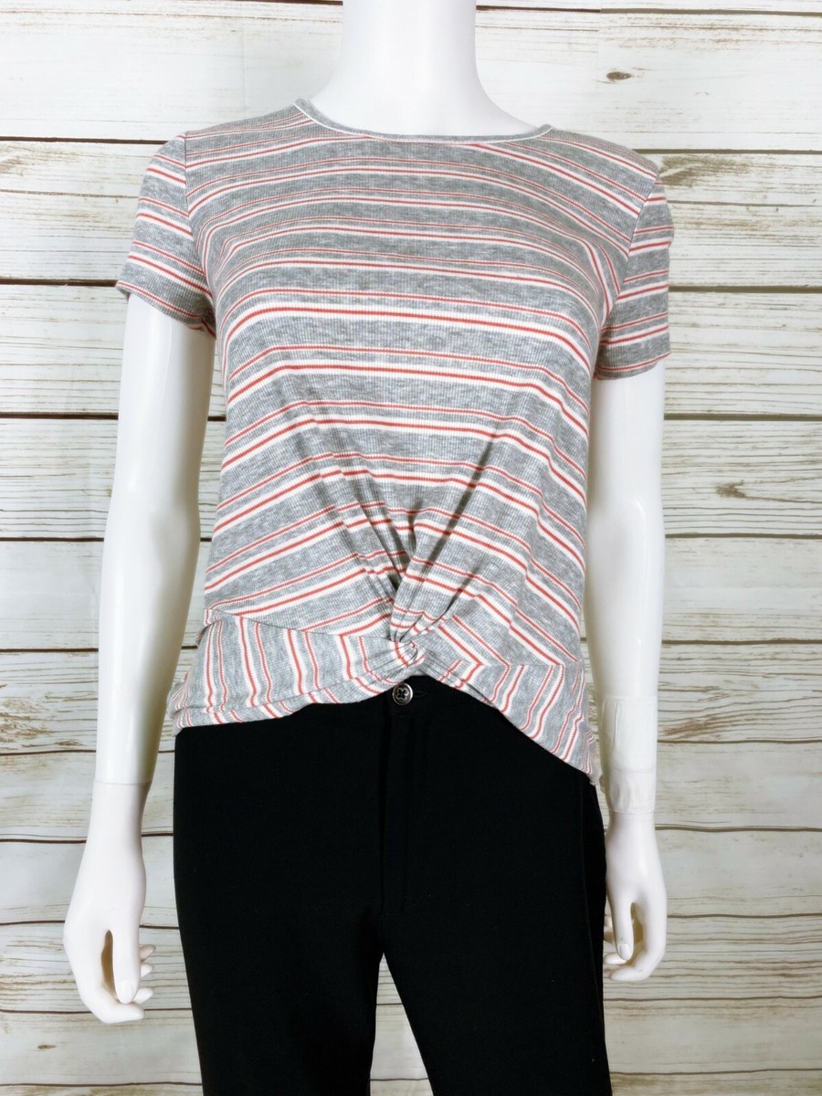 Pink Rose Womens Top Size M Gray w/Red & White Stripes Twisted Hem