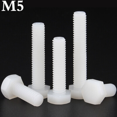 M5 - 0.8 White Nylon Hex Head Bolts Full Thread Hex Cap Plastic Screws DIN 933