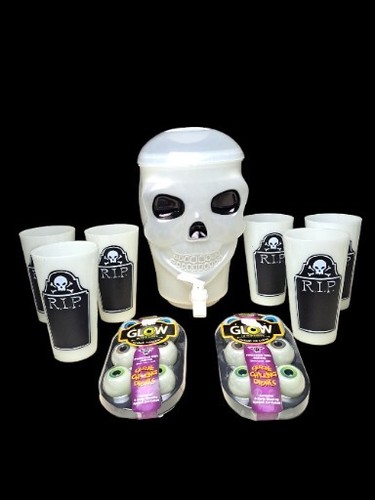 Dispensador de bebidas calavera Halloween con 6 vasos a juego y cubitos de hielo globo ocular ~ 12"
