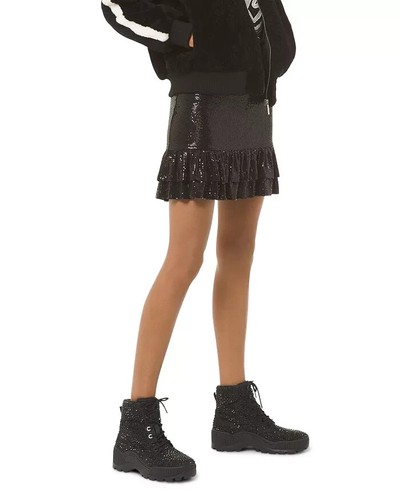 MICHAEL KORS Black Metallic Dot-Embellished Tiered Ruffle Hem Zip Skirt L 10/12 - Picture 4 of 11