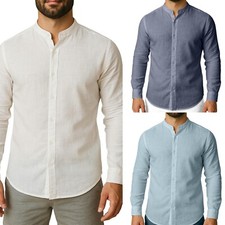 Camicia di lino da uomo slim fit scollo coreana manica lunga bianca celeste blu